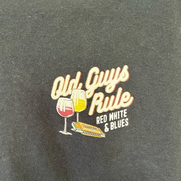 NWOT Old Guys Rule ‘Red, White & Blues’ Guitar & Records Cotton Black Tee Shirt - Picture 4 of 5